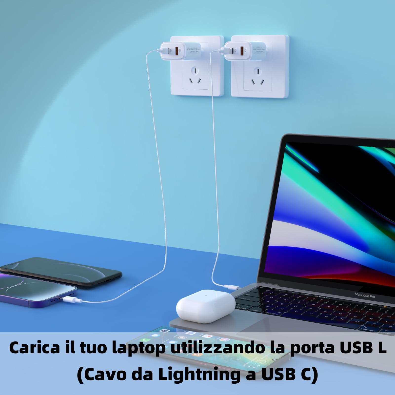 Caricatore USB C 30W Con 3 Porte (USB-C + USB-L + USB-A) - Alimentatore PD 3.0 E QC 3.0 Super Veloce Per IPhone, Galaxy, Pixel, Tablet - 2