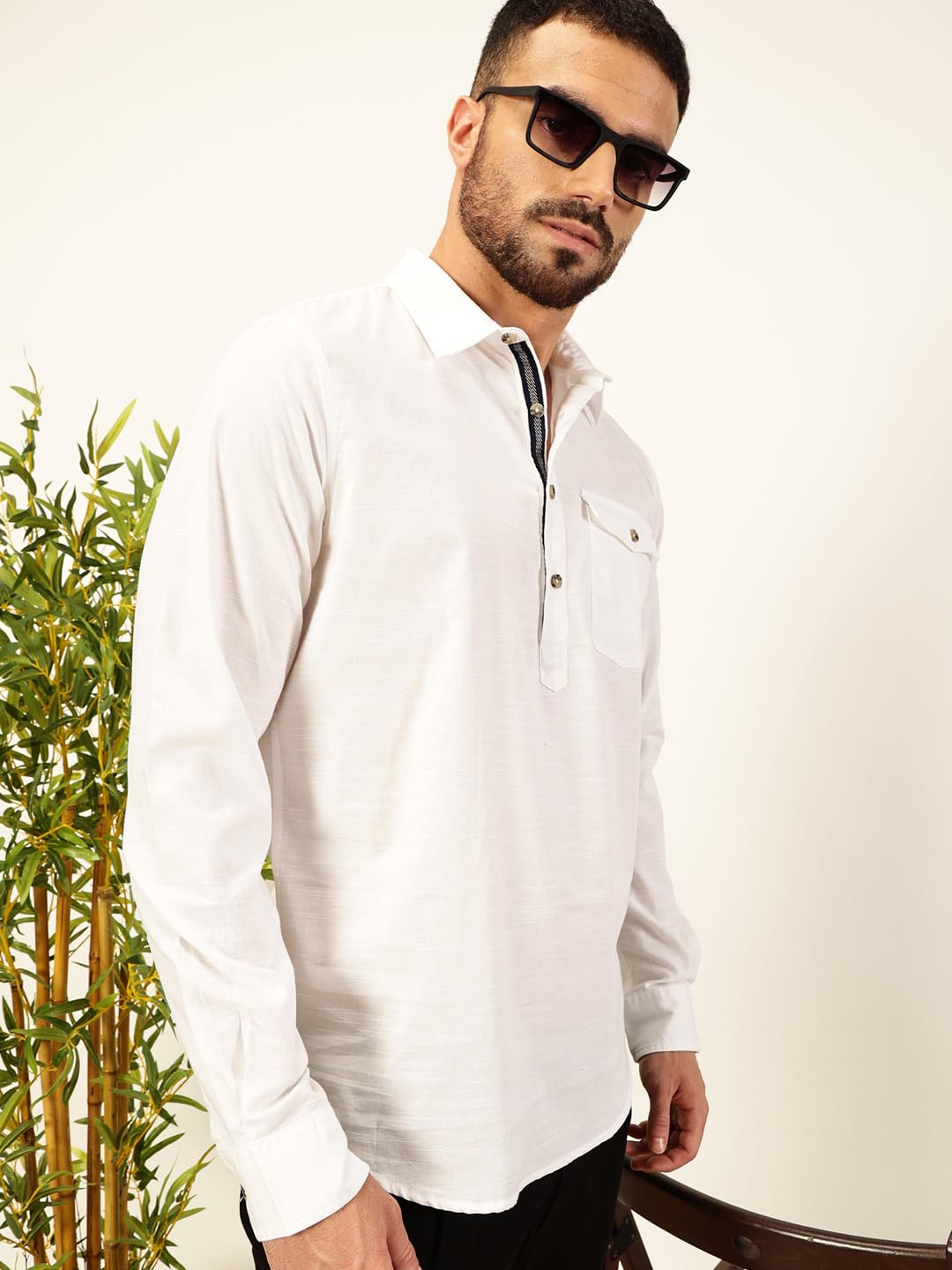 Thomas Scott Men Solid Cotton Linen Kurta Shirt (Ts1531_White, L)