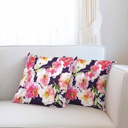 Miniatura 6 de Beabes Juego de 2 fundas de cojín con flores de peonía rosa con hojas verdes en acuarela, fundas de almohada decorativas suaves y modernas de doble