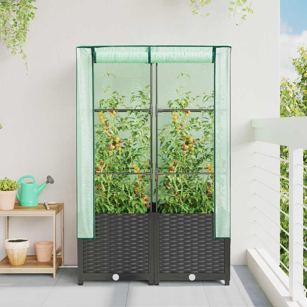 Jardinera con accesorio de invernadero de 80 x 40 x 138 cm, para tomates en aspecto de ratán, maceta para jardín y balcón, marco estable con cubierta para verduras, hierbas y flores, color