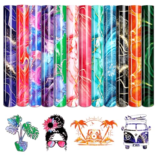 Tintnut Marble Heat Transfer Vinyl - 12 Sheets 10 x 12 Inch Bundles Watercolour Gold Pattern Iron on Vinyl Opal Ombre Print HTV Transfer DIY T-Shirt Gift Canvas Bag for Cricut or Silhouette Cameo