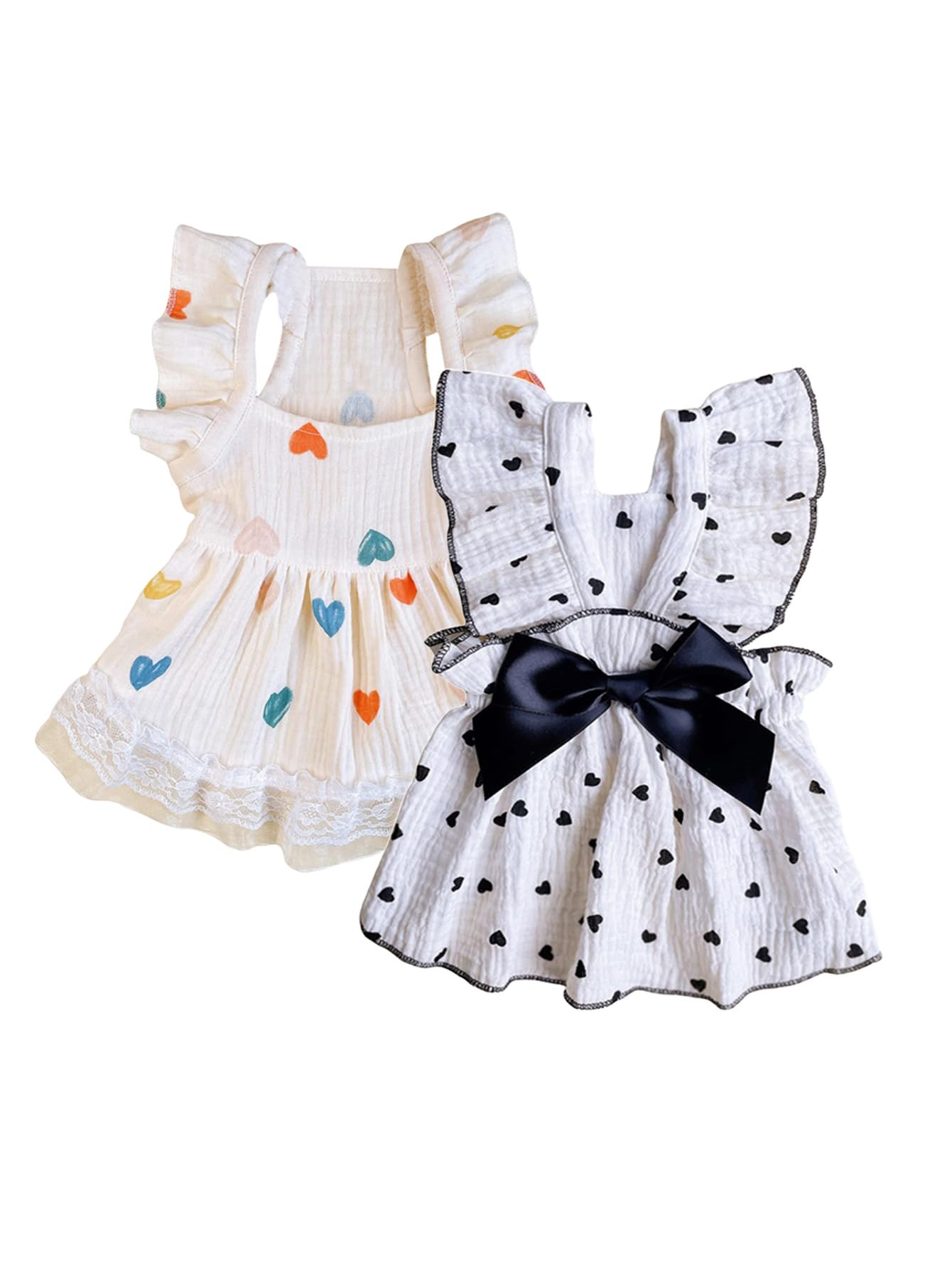 QWINEE 2pc Cute Heart Pattern Dog Dress Ruffle Trim Princess Dress Cat Vest Dress Lace Trim Summer Dress Pet Clothes for Small Medium Cats Dogs Kitten