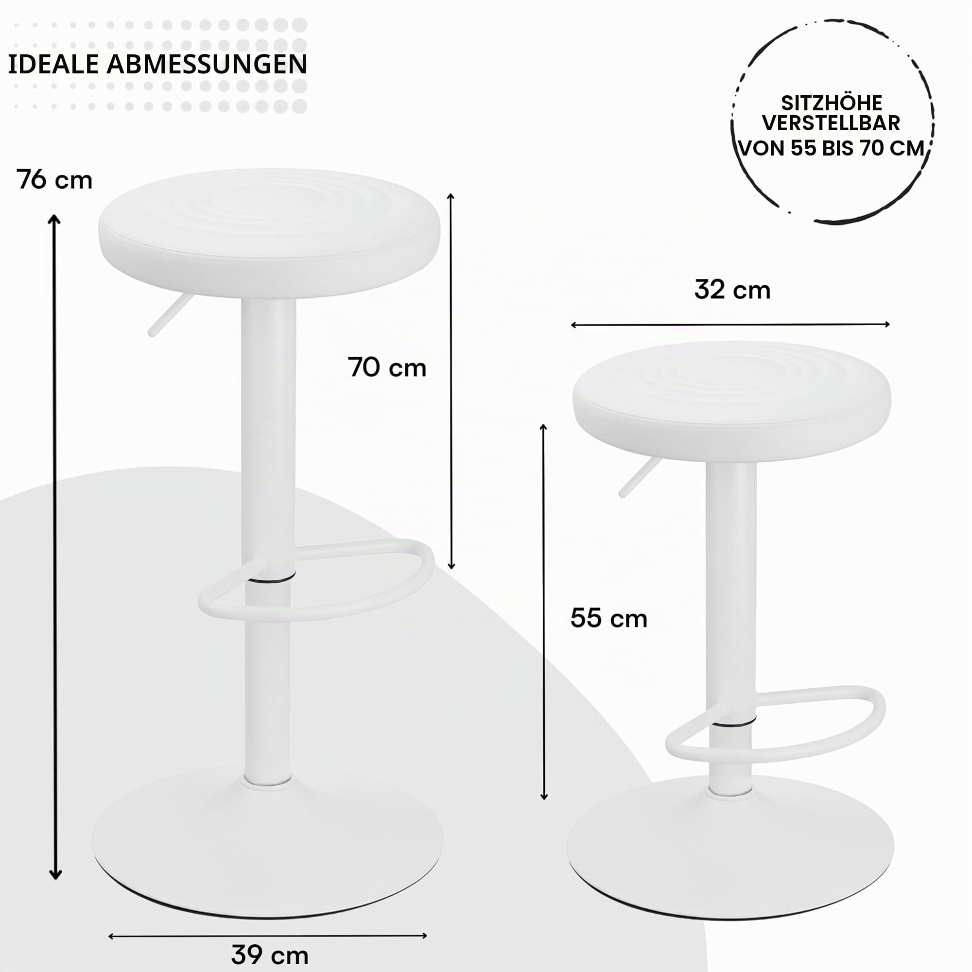 Baroni Home Drehhocker ohne Rückenlehne, höhenverstellbar, aus PP Sitz und Stahl, für Esszimmer, Küche, Bar, leicht und einfach zu bewegen, 35x35x55-76 cm, weiß, 1 Stück