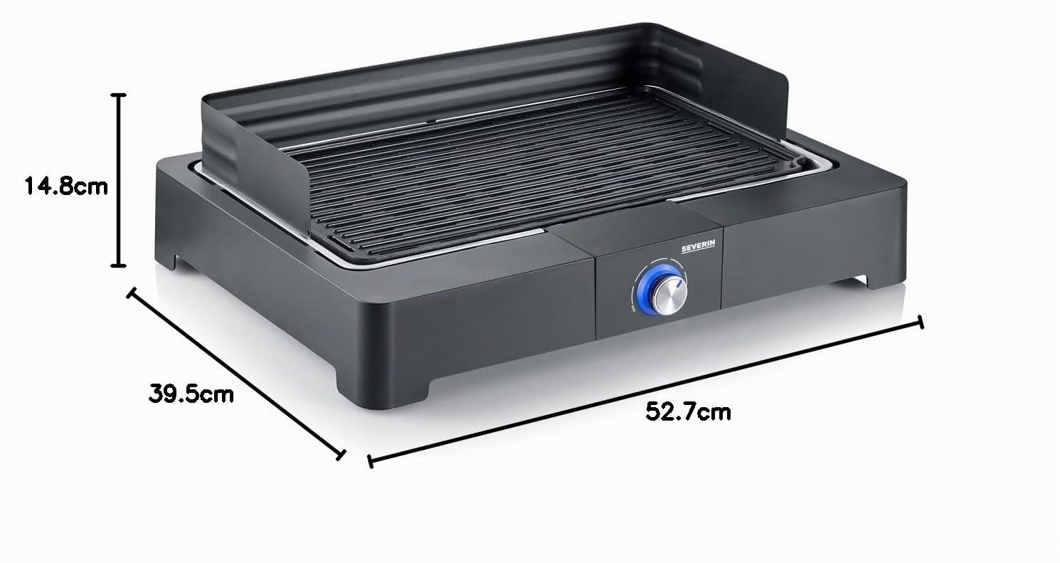 Severin Barbacoa de mesa con placa de grill acanalada para interior y exterior, barbacoa eléctrica con arranque rápido, mini barbacoa sin riesgo de quemaduras, negro, PG 8567