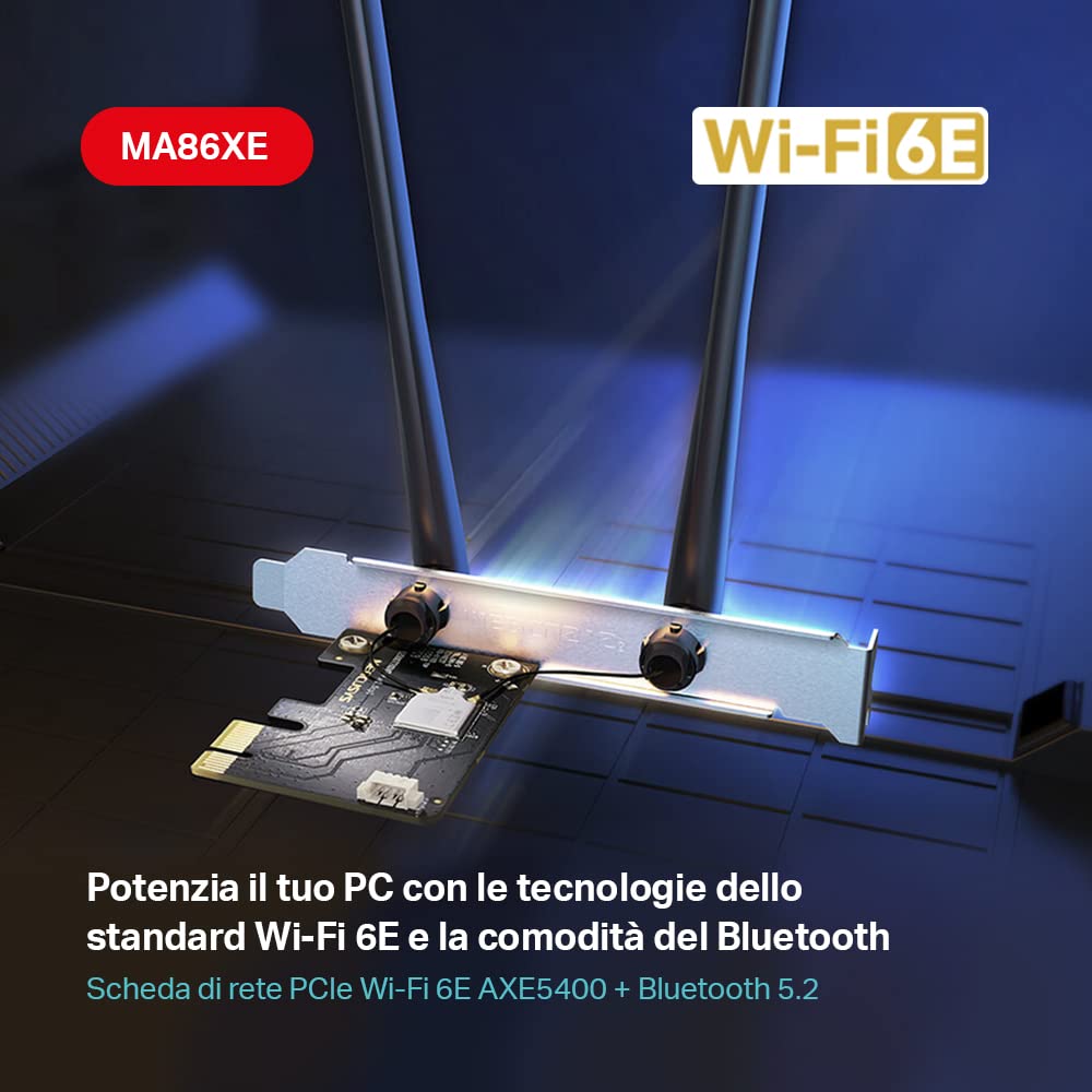 MERCUSYS TP-Link MA86XE PCIe Adattatore AXE5400Mbps Wi-Fi 6E Bluetooth 5.2, Chipset Intel Wi-Fi 6E, WPA3, MU-MIMO, OFDMA, Scheda WiFi PC Fisso, Velocità Tri-Band, Supporta Windows 10, 11
