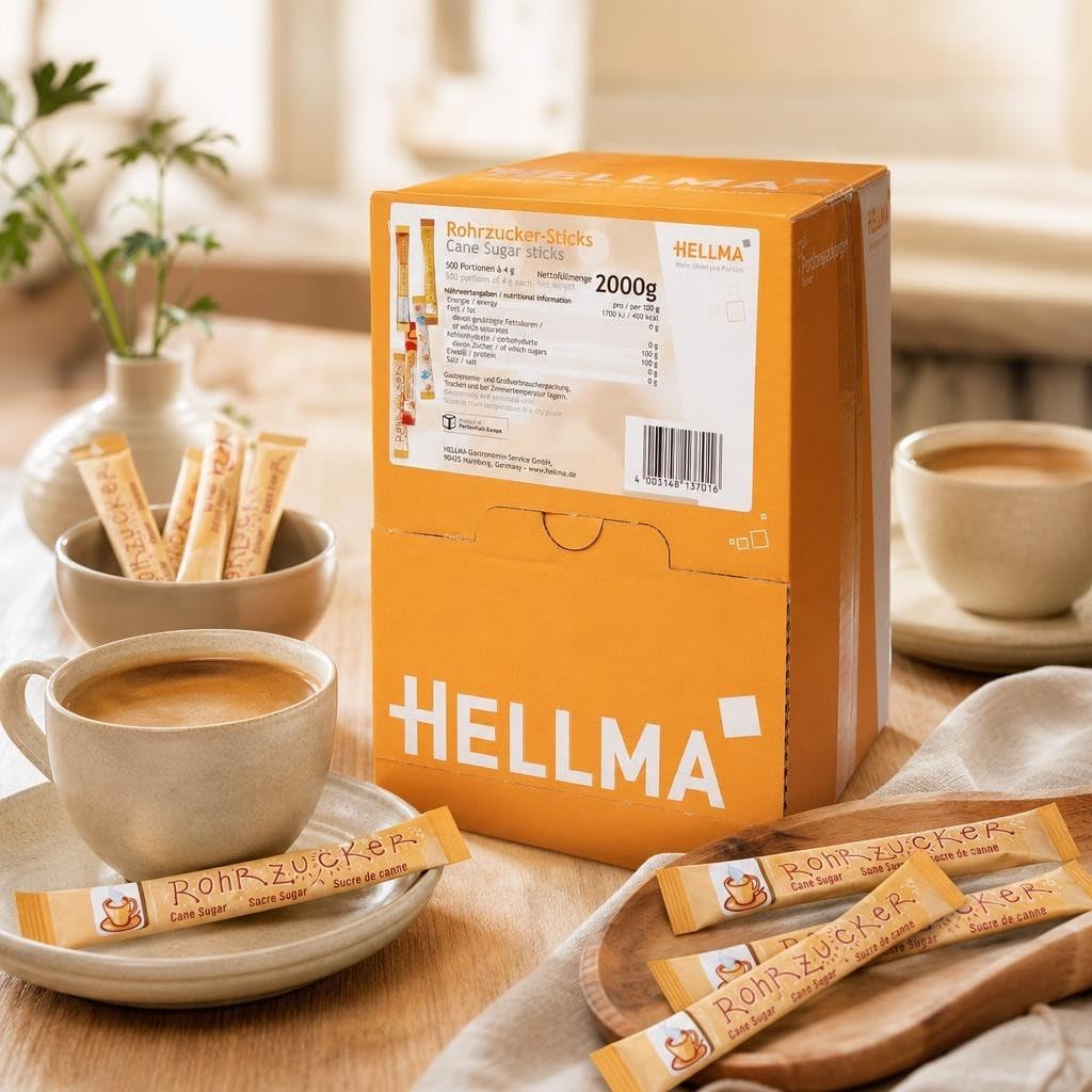 HELLMA Sticks de sucre de canne, dans pr‚sentoir emballage unitaire contenu: 500 piŠces de 4 g (40013701/ 60000084)