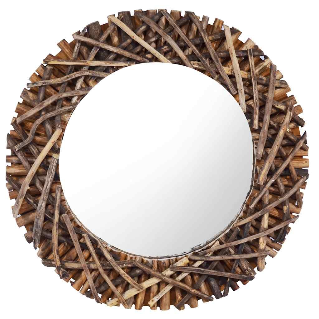 Miroir bois de teck rond rustique 60 cm monté prêt à accrocher