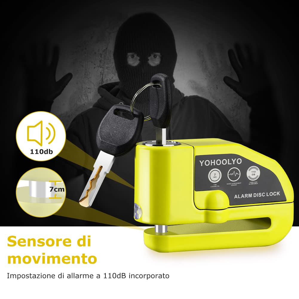 YOHOOLYO Bloccadisco Moto Antifurto con Allarme Sonoro 110DB, Accessori di Protezione 2 Chiavi, 1.5m Reminder per Motorino Motocross