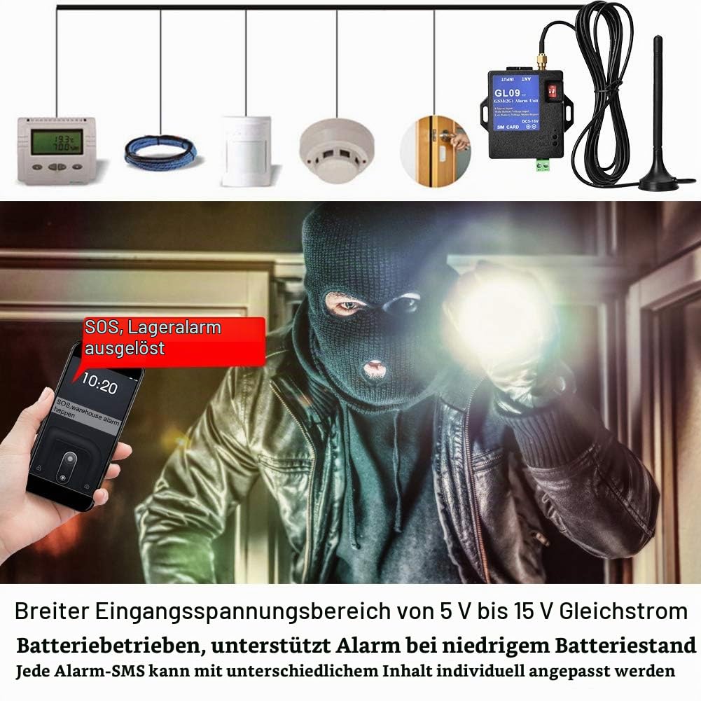 GSM-Alarmsystem GL09, 8 Kanäle, batteriebetrieben, Anwendungssteuerung, SMS-Alarm, Sicherheitssystem, SMS-Alarmsystem für die Sicherheit von Heimlagern