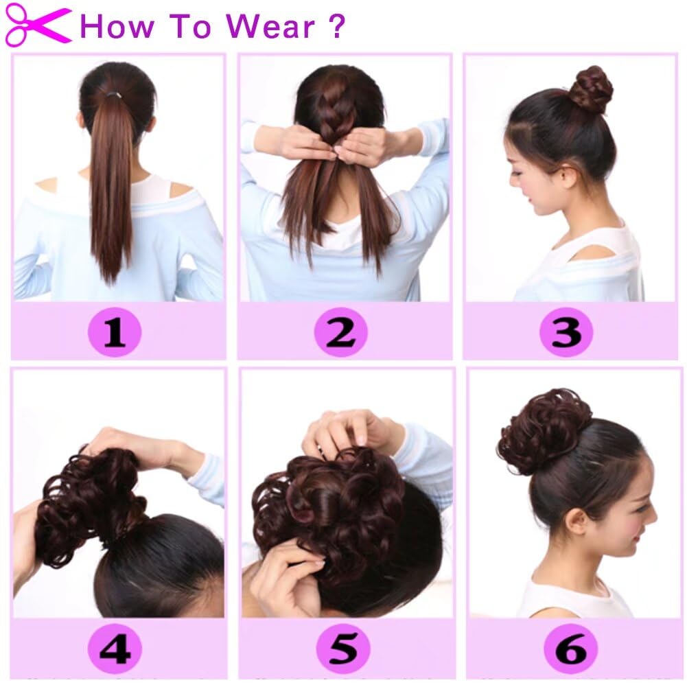 LaLuLoLi Dark Brown Highlight with Hot Pink Messy Fake Hair Bun Extensions Synthetic Chignons Hair Scrunchie Scrunchy Updo Hairpiece Ponytail for Women 2pcs/pack - Image 4