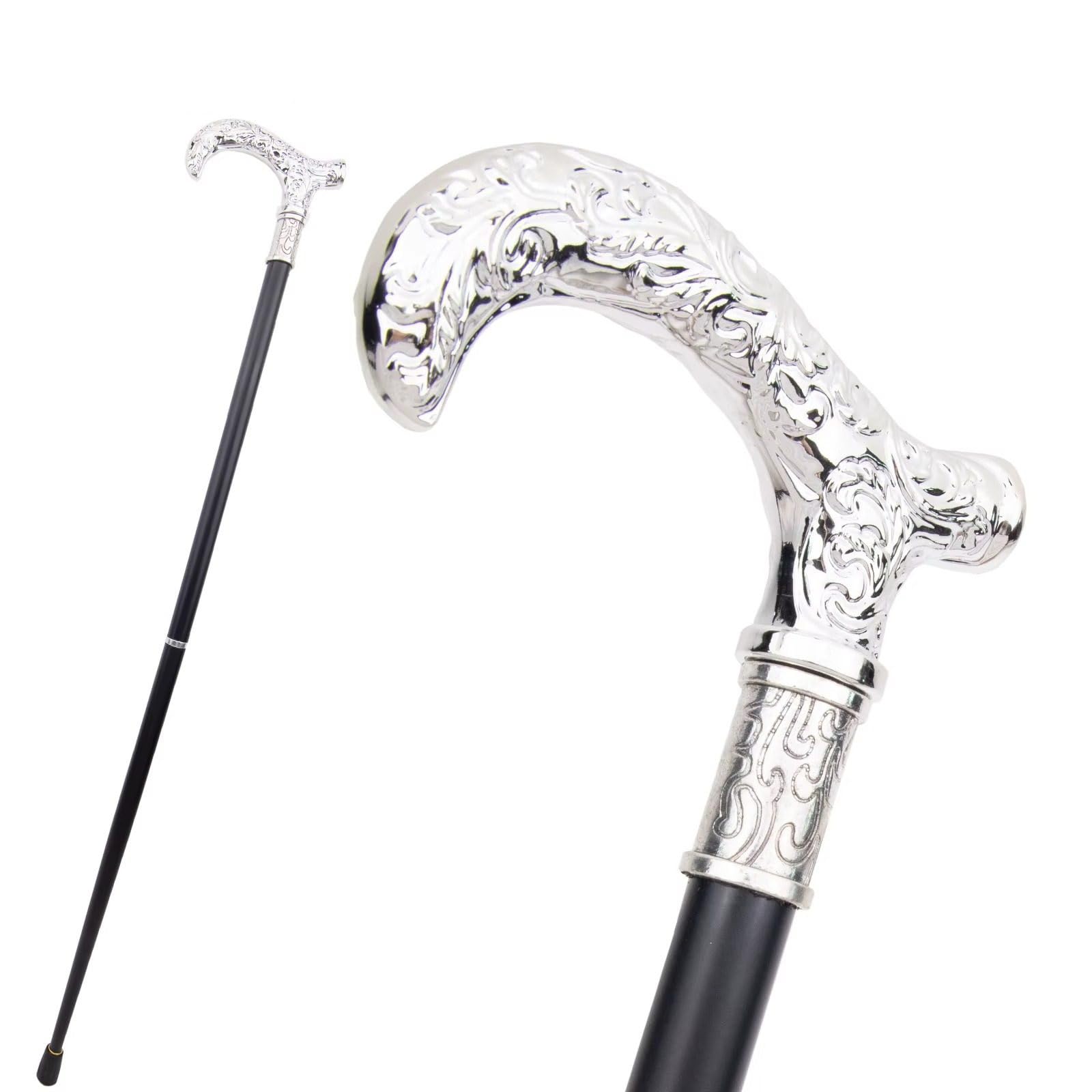 Bastón de Caminar Metálico Platado Plata – Ornado & Tallado, Estilo Británico, Elegante & Lujoso para Senderismo, Cosplay, Uso Diario & Regalo
