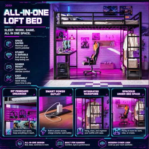 Image of Bellemave Metal Queen Size Loft Bed with Desk and LED Lights,Heavy Duty Loft Bed Frame with Storage Shelves and Charging Station for Kids,Teens,Adults, Space Saving,Black