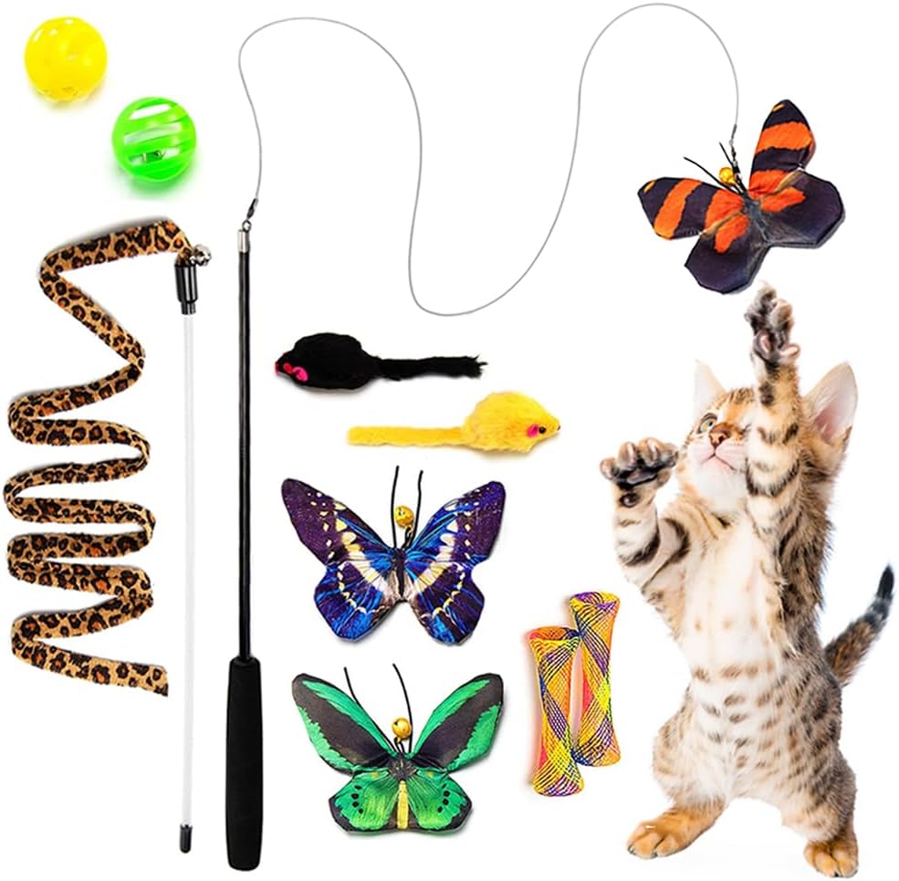 AWOOF Butterfly Cat Wand Cat Toys Set, Realistic Crinkle Catnip Butterflies Kitten Toys with Retractable Interactive Cat Wand 11 PCS Cat Toys for Indoor Cats | Butterfly Cat Toys Set, Crinkle Catnip Butterflies Kitten Toys with Retractable Interactive Cat Toys for Indoor Cats