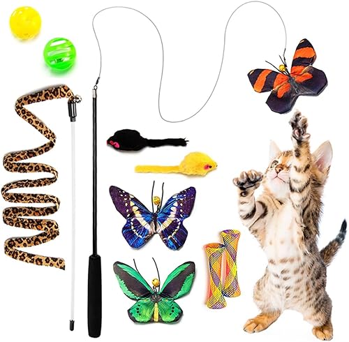 AWOOF Juego de juguetes de mariposa para gatos, varita de gato con hierba gatera arrugada realista, juguetes para gatitos con varita interactiva