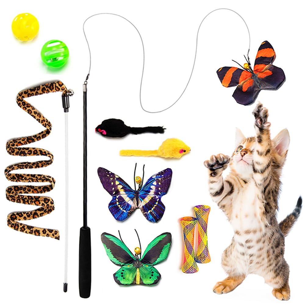 AWOOF Butterfly Cat Wand Cat Toys Set, Realistic Crinkle Catnip Butterflies Kitten Toys with Retractable Interactive Cat Wand 11 PCS Cat Toys for