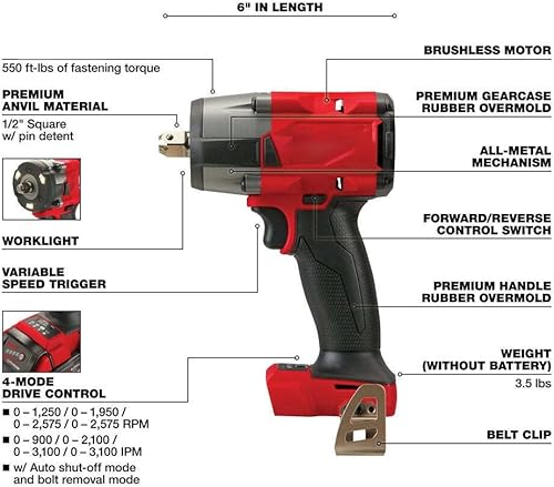 Miniatura 3 de Compatible con llave de impacto Milwaukee 2962P-20 M18 FUEL 12" de torque medio con herramienta de retención de pasador