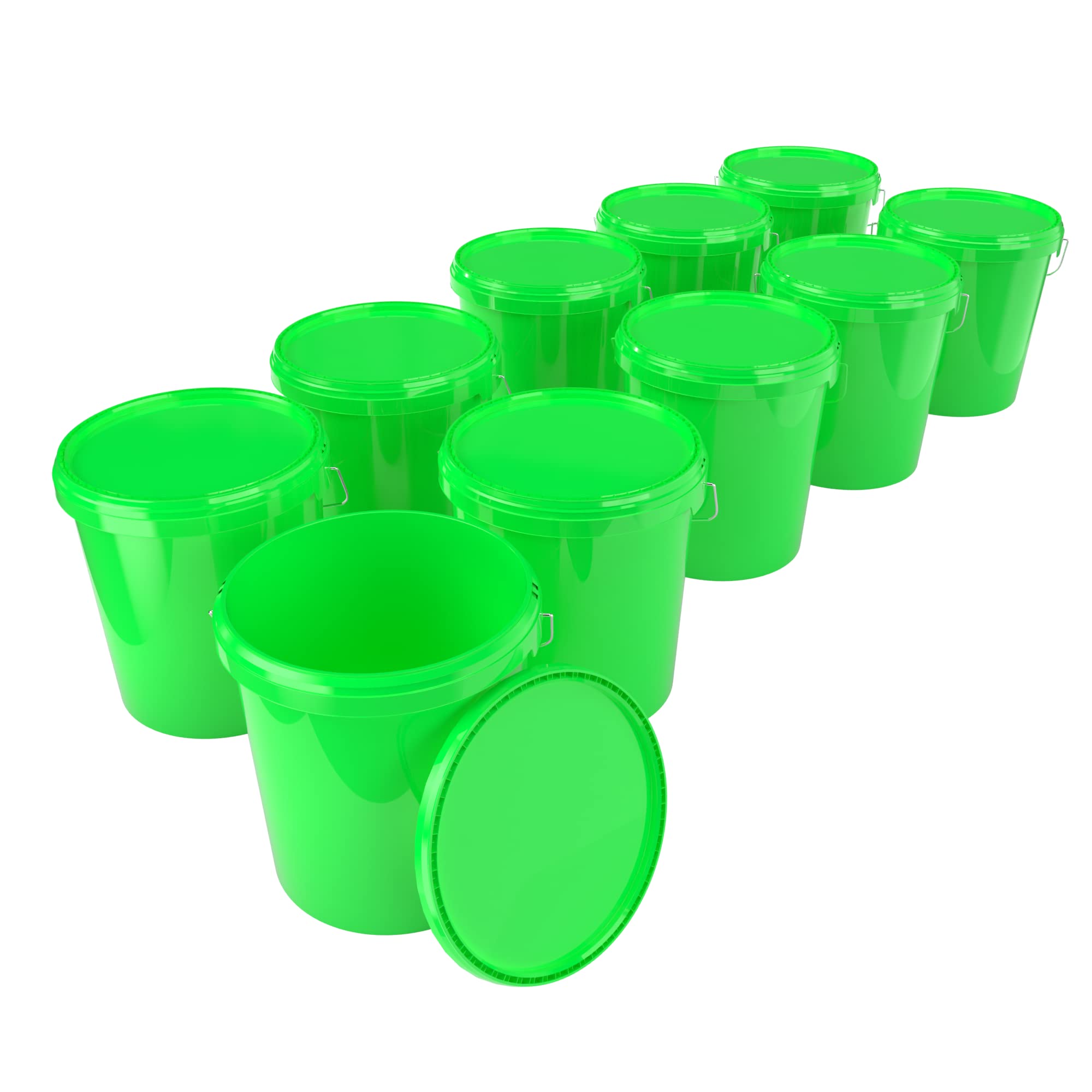 Fixedbyu Green 10 X Buckets With Lid, 16 Litres, Food-Safe, Airtight And Stable, Empty Bucket With Handle And Closure, Lid For Food, Chemistry, Wall, Paint, Washing Powder, Adhesives