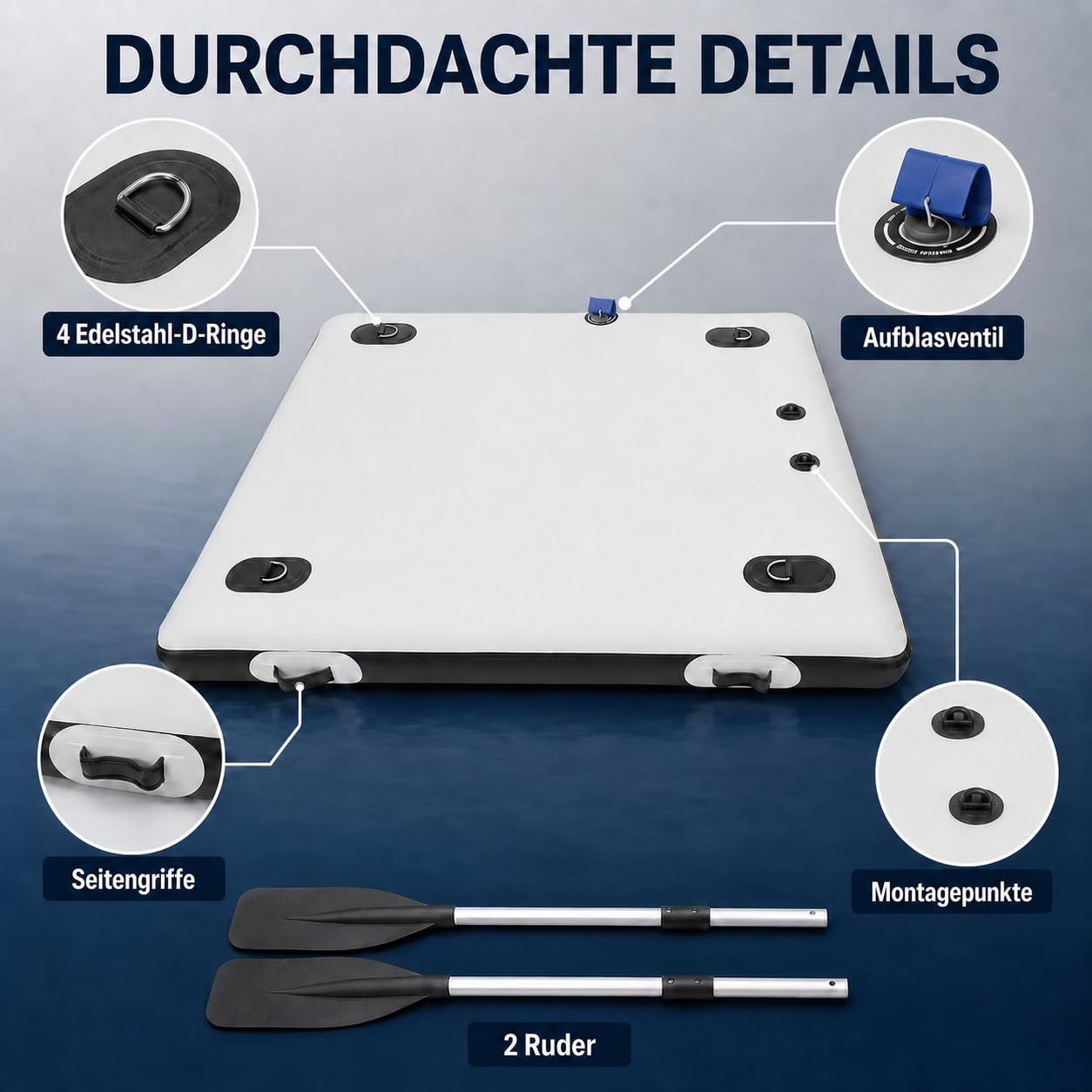 Aufblasbare Badeplattform 2x1,5m, Aufblasbare Dock mit Luftpumpen 400kg Tragkraft Schwimmplattform mit Paddel & Tasche, stabiles Schwimmdock für Angeln, See & Wassersport
