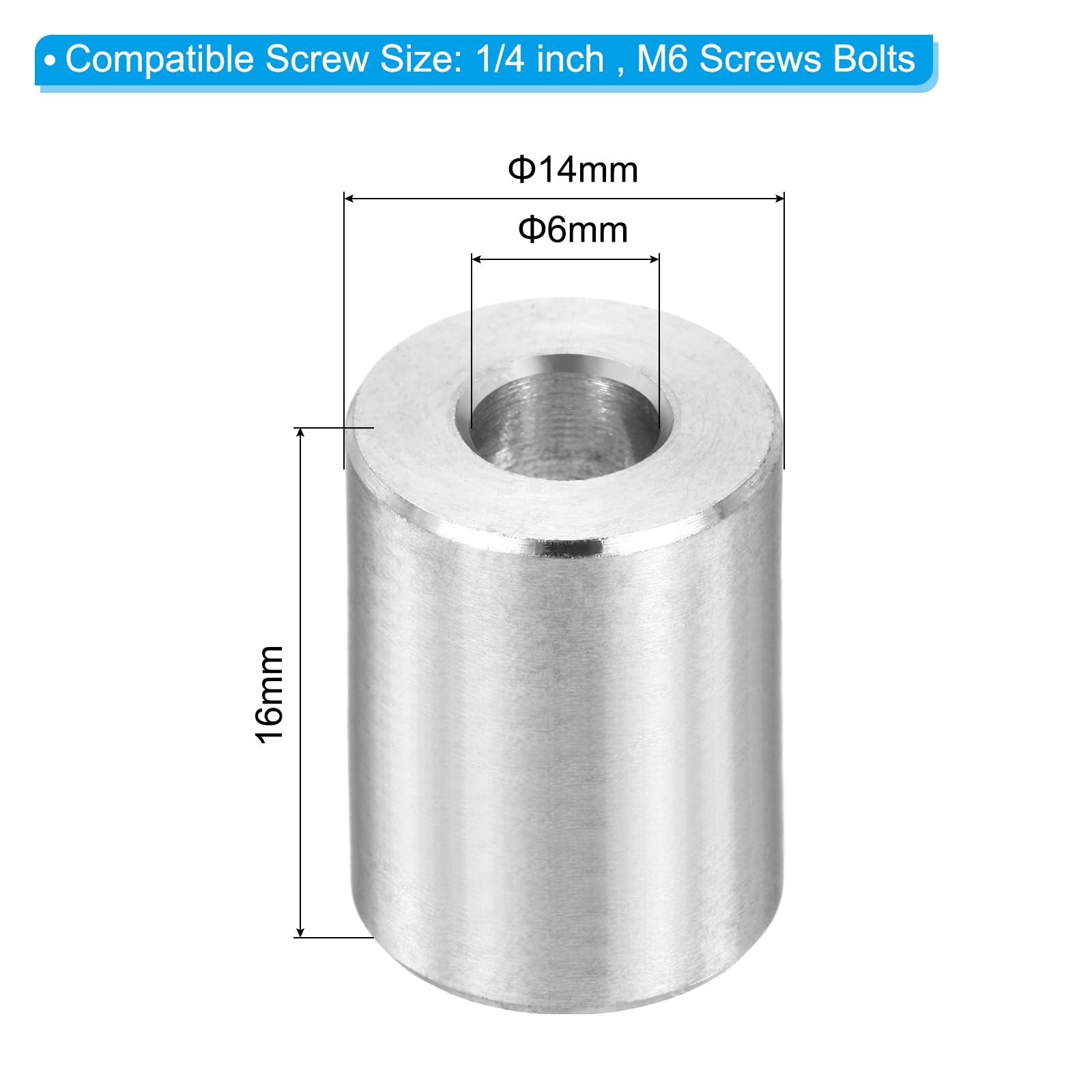 PATIKIL M6 Stainless Steel Spacers, 12Pcs Metal Spacer 6mm ID x 14mm OD x 16mm L Screw Standoff for 1/4" or M6 Screw - Image 2