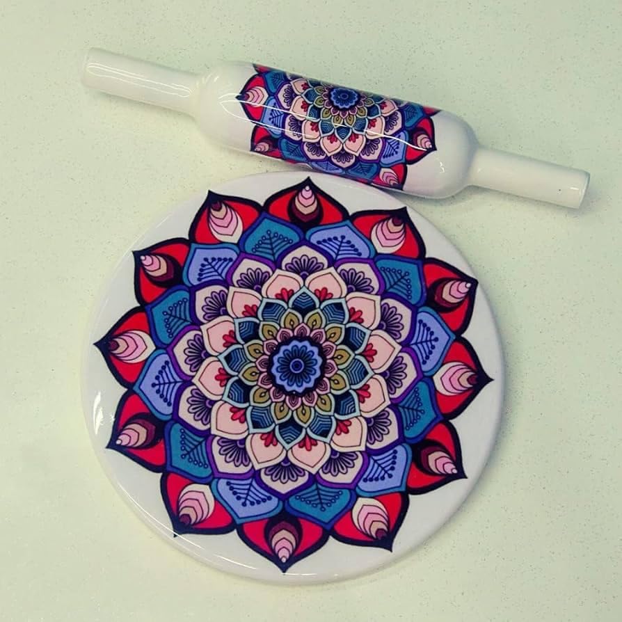 Image of Marble Chakla Belan Set - 25.4 cm Board / 30.5 cm Rolling Pin | Pink Mandala | Traditional Roti Rolling Board and Pin Set | Smooth Finish Kitchen Tool for Chapati, Paratha & Puri