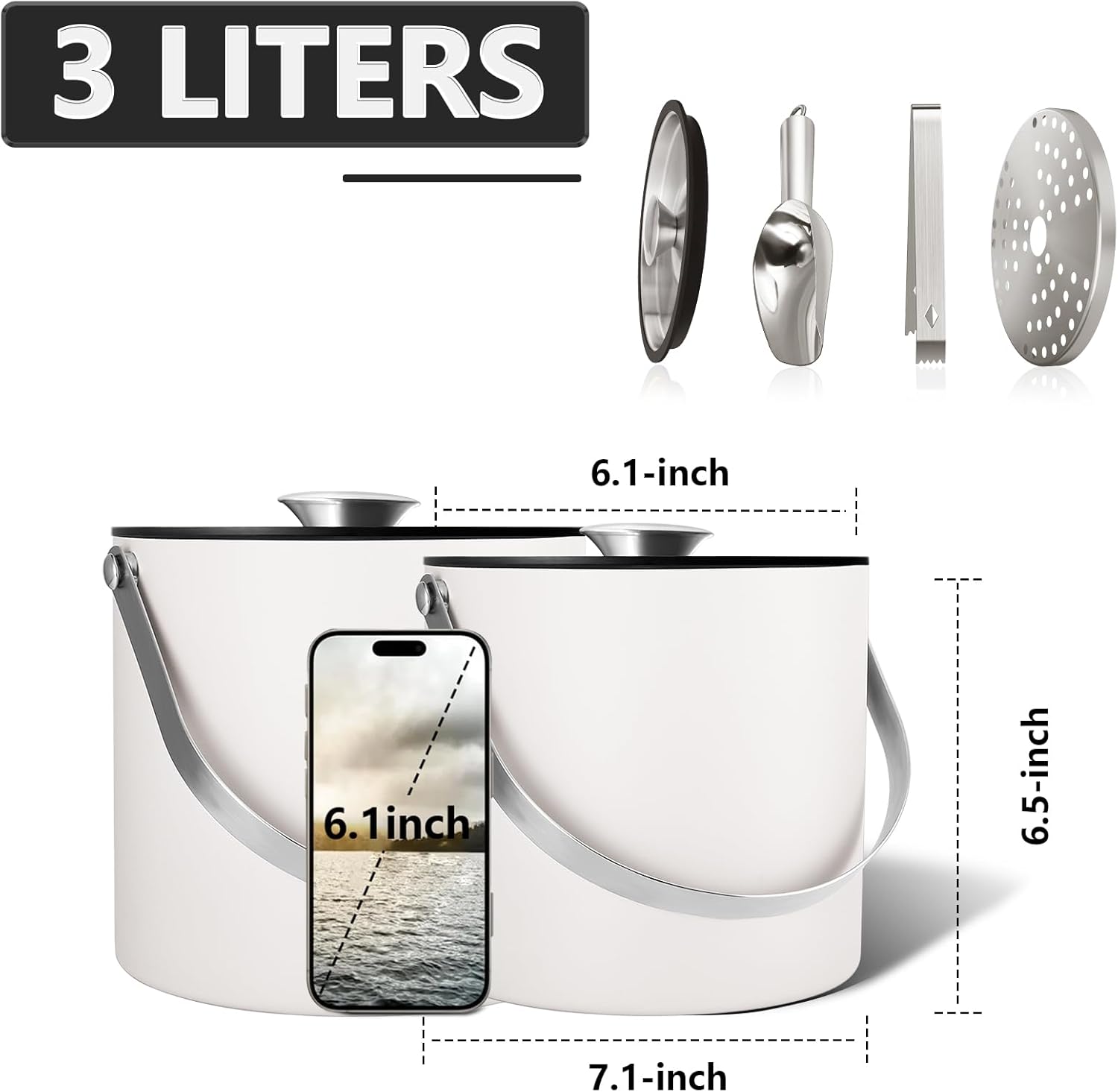 Insulated Ice Bucket with Silicone Lid, Scoop, Tongs & Strainer, 3L Stainless Steel Double Wall Ice Buckets for Parties & Cocktail Bar, Champagne Ice Bucket with Lid for Freezer, Ivory - Image 2