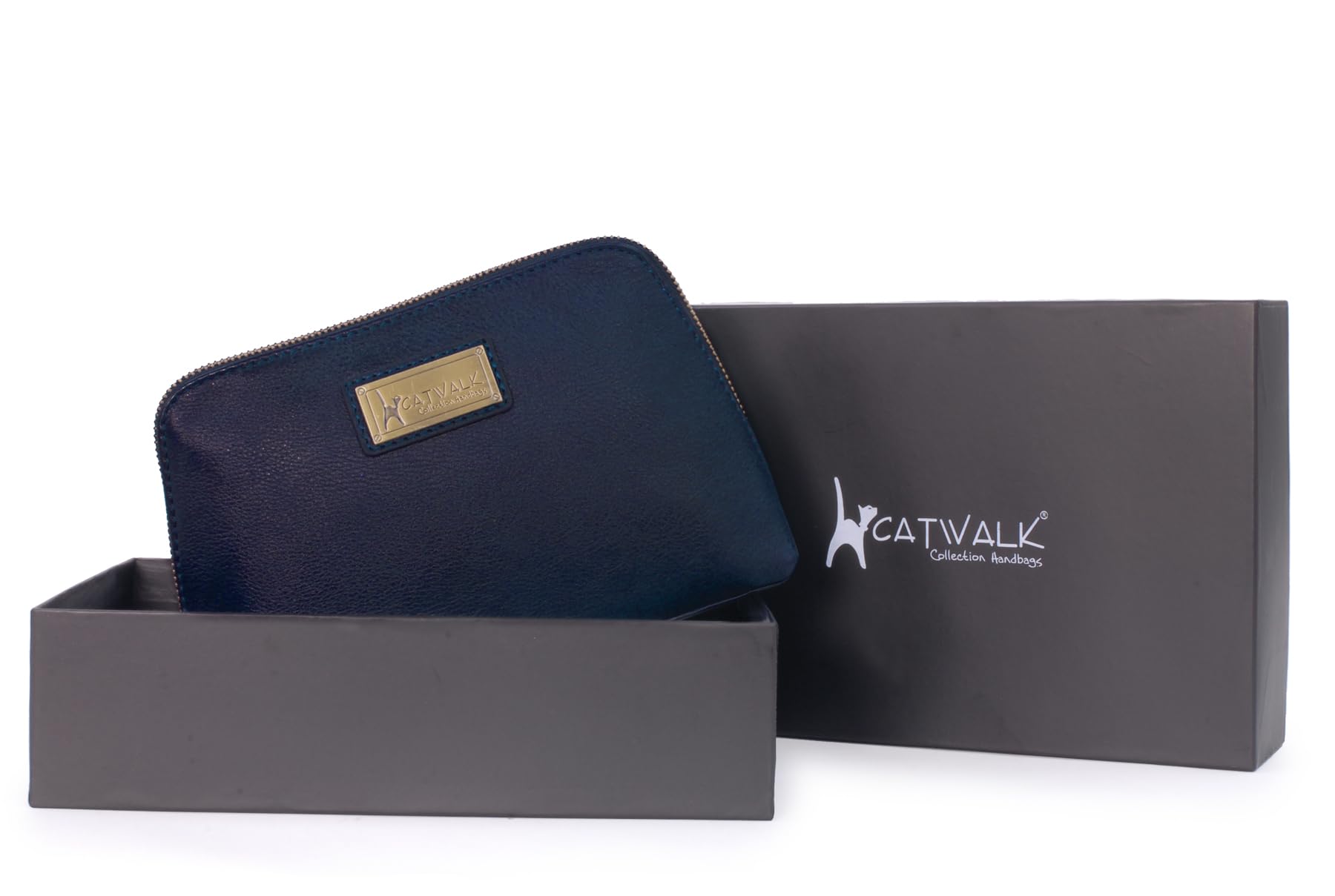 Catwalk Collection Handbags - Pochette Trucchi Donna in Pelle - Borsa Trucco Media - Beauty Case per Cosmetici - Scatola Regalo - Emma - Blu
