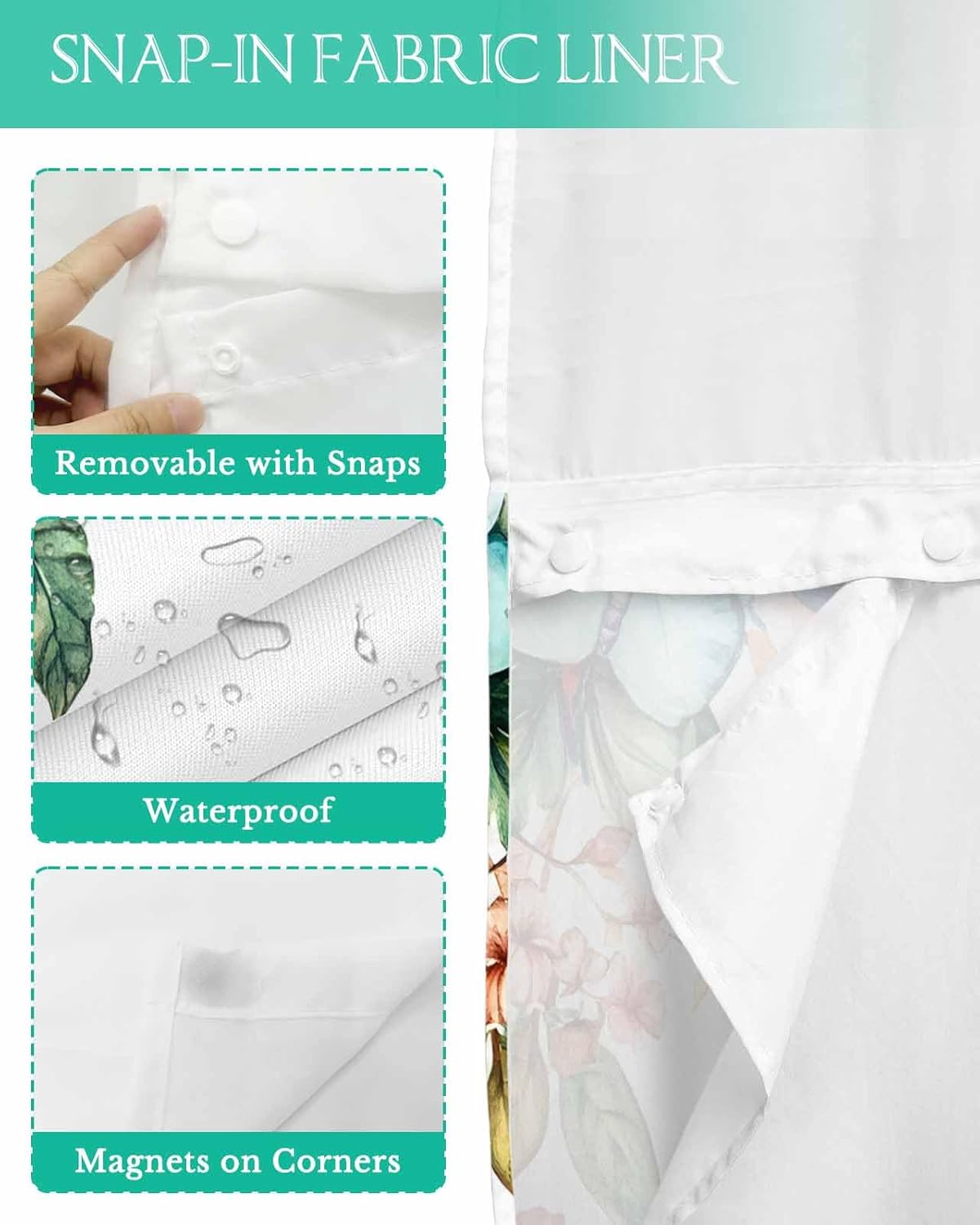 No Hook Shower Curtain with Snap in Liner Spring Flowers Bird Hummingbird Butterfly Rustic Shower Curtain for Bathroom, Fabric Waterproof Inner Liner, Hotel Style with Mesh Top Window, 36x72