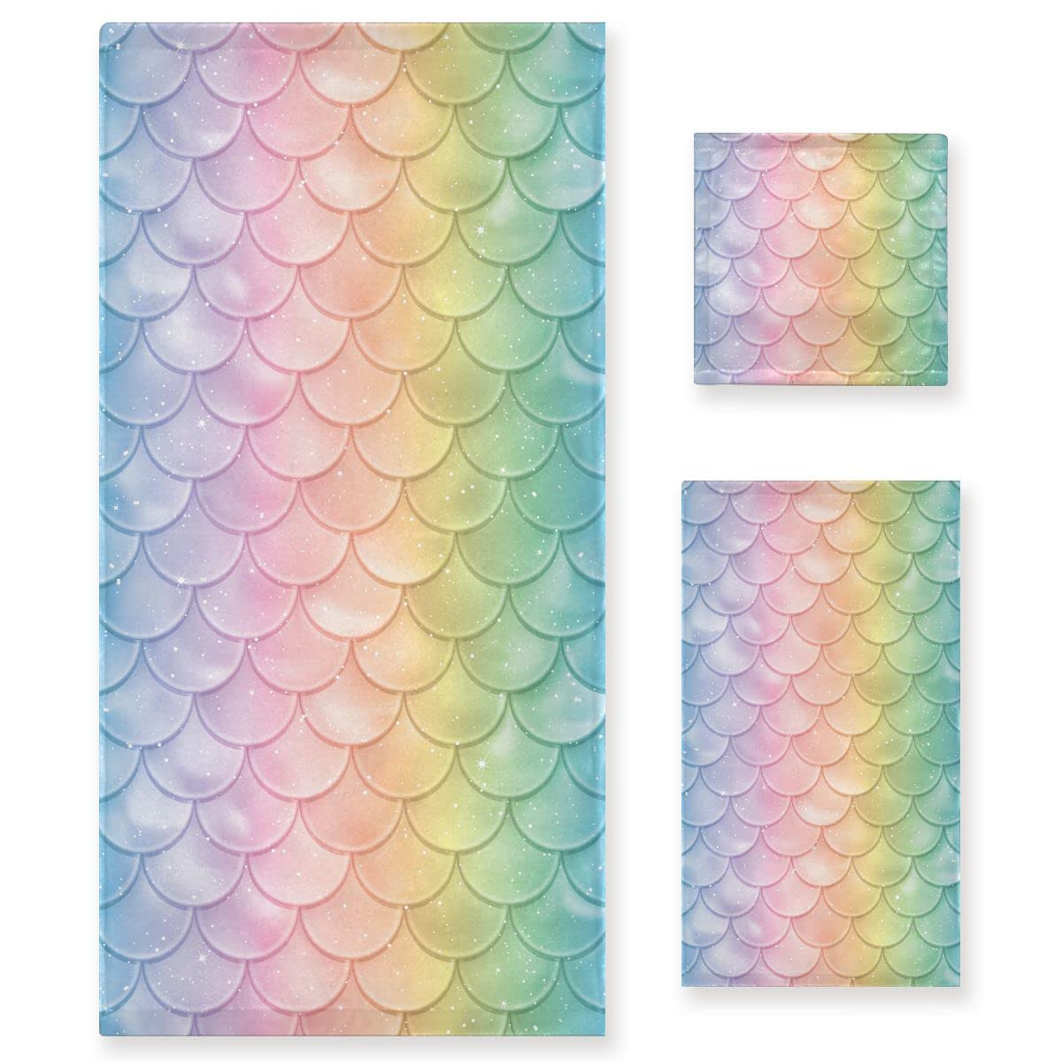 ALAZA Bath Towels Set of 3, Microfibre Towel Bathroom Linen Rainbow Fish Mermaid Scales Towels Set Gift with 1 Face Towel 1 Hand Towel 1 Bath Towel Sheet, Absorbent Bathroom Accessories — image 1