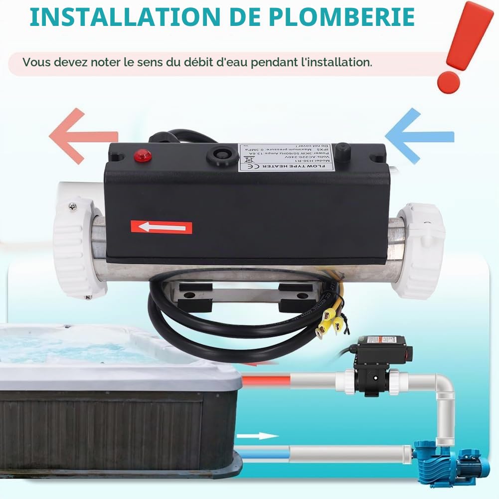 Gugxiom Chauffage de Piscine pour électrique, Thermostat d'eau avec Contrôle de la Température, Auto-Chauffage pour Baignoire Spa, Piscine Câblée (3KW)