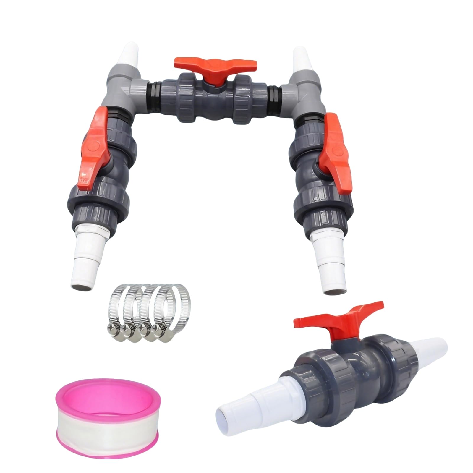Kit by-Pass pour Piscine 50mm pour Pompe à Chaleur, Kit by-Pass Piscine avec Tuyaux 32mm & 38mm, 3 Robinets à Boisseau Sphérique, Raccords en T & Colliers INOX – Optimise Le Débit d'eau
