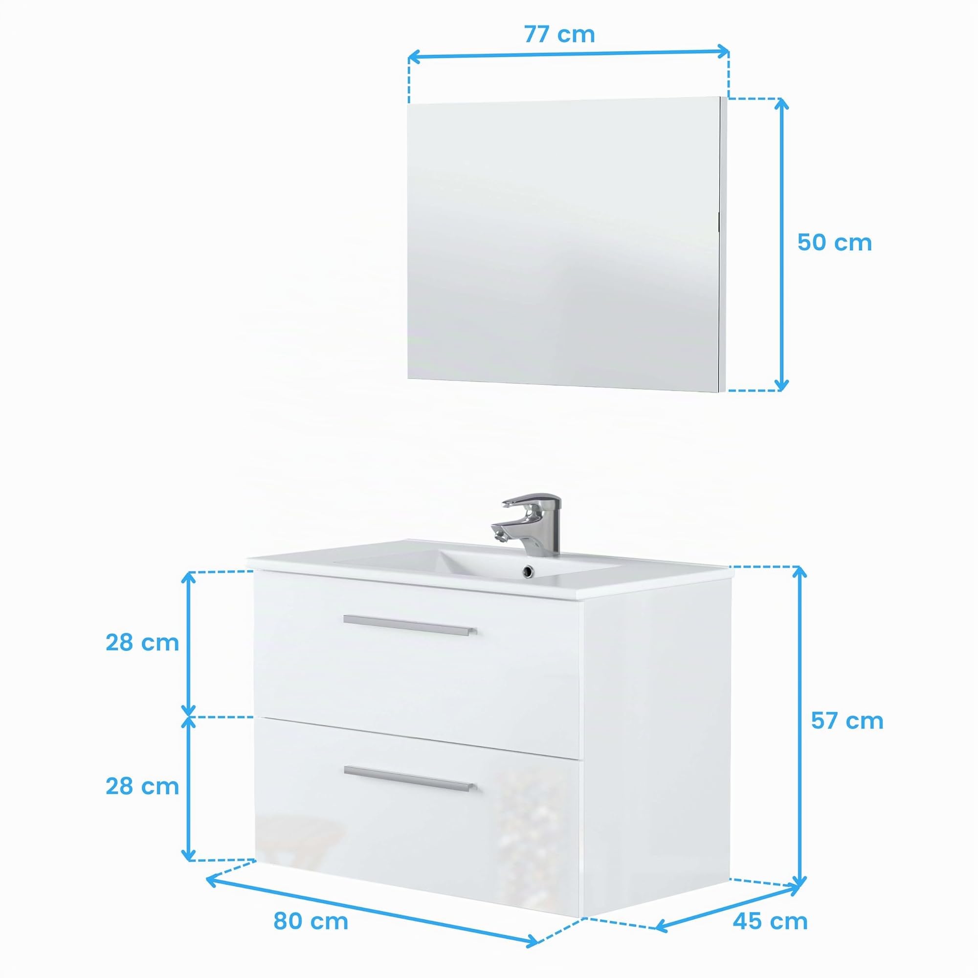 Miroytengo Mueble de Baño Suspendido Aruba Estilo Contemporáneo en Color Blanco con 2 Cajones y Espejo 80x45x57 cm (Sin Lavabo)