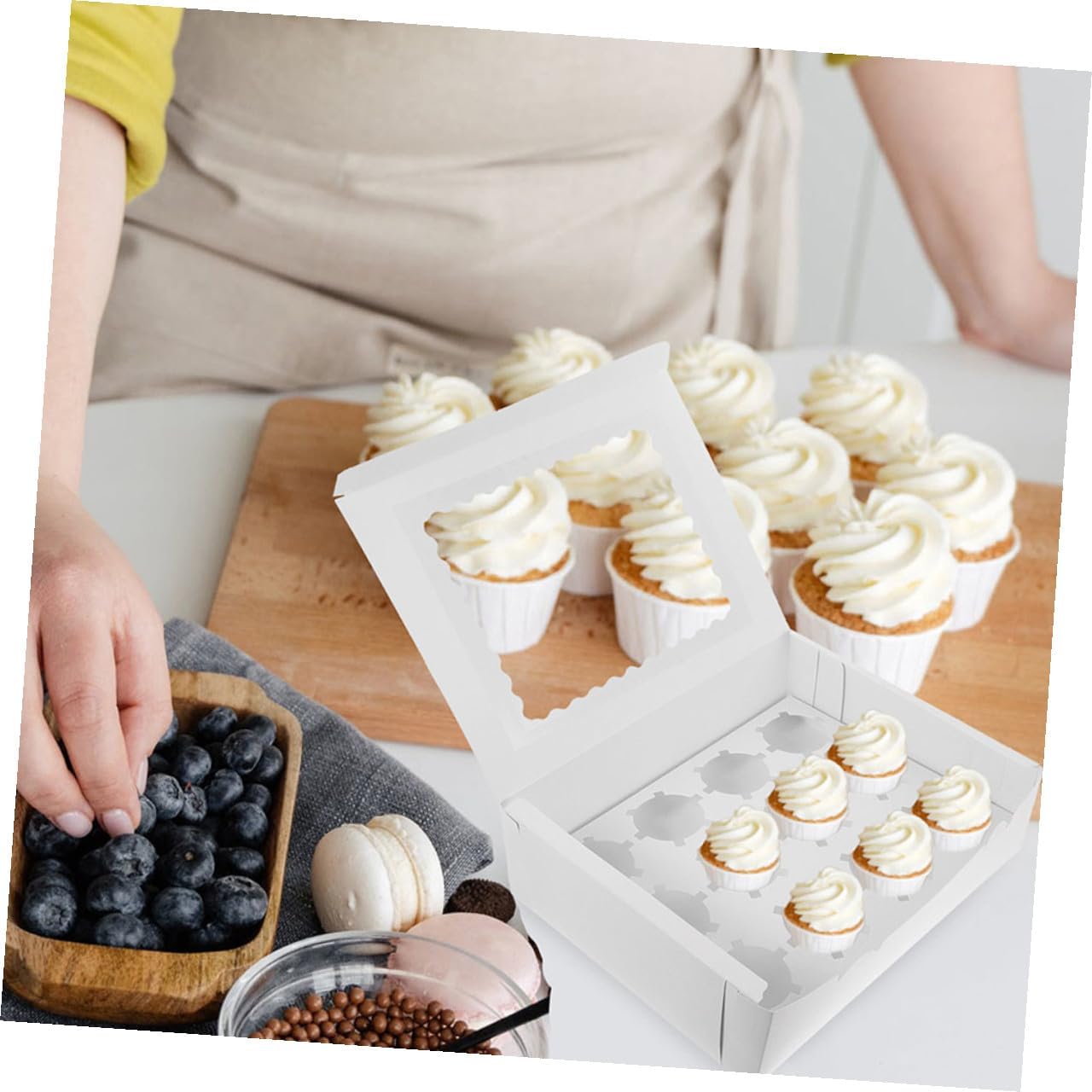 10pcs Muffin Cake Wrapping Box with Window, White Cardboard Pastry Cupcake Packing Boxes for Bakery and Party Use