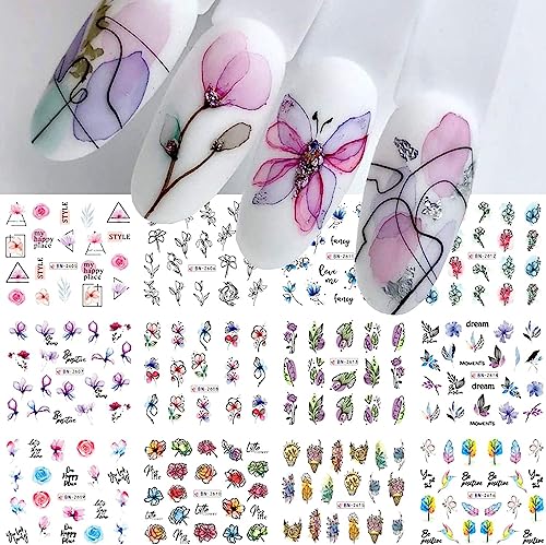 Geometry Line Flower Leaf Nail Art Stickers 12PCS Water Transfer Nail Decals Graffiti Painted Colorful Slider Sticker Floral Pastel Plant Sliders Acrylic Nail Sticker for Women Girls DIY Manicure