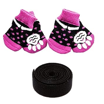 KUTKUT Anti-Slip Small Breed Dog Socks with Paw Pattern | Pet Paw Protector Puppy Socks with 4 Pieces Adjustable Straps | Socks for Shishtzu, Maltese, Chihuahua etc (Size: L, Height 9 cm, Width 4 cm)