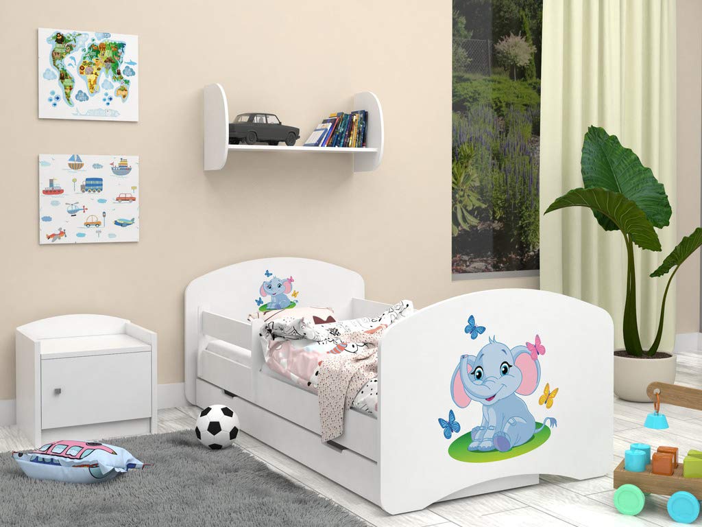 Happy Babies - Dwustronne łóżko dziecięce z szufladą Nowoczesne wzornictwo z bezpiecznymi krawędziami i zabezpieczeniem przed upadkiem materac piankowy 7 cm. (180x90, 03. słonie)