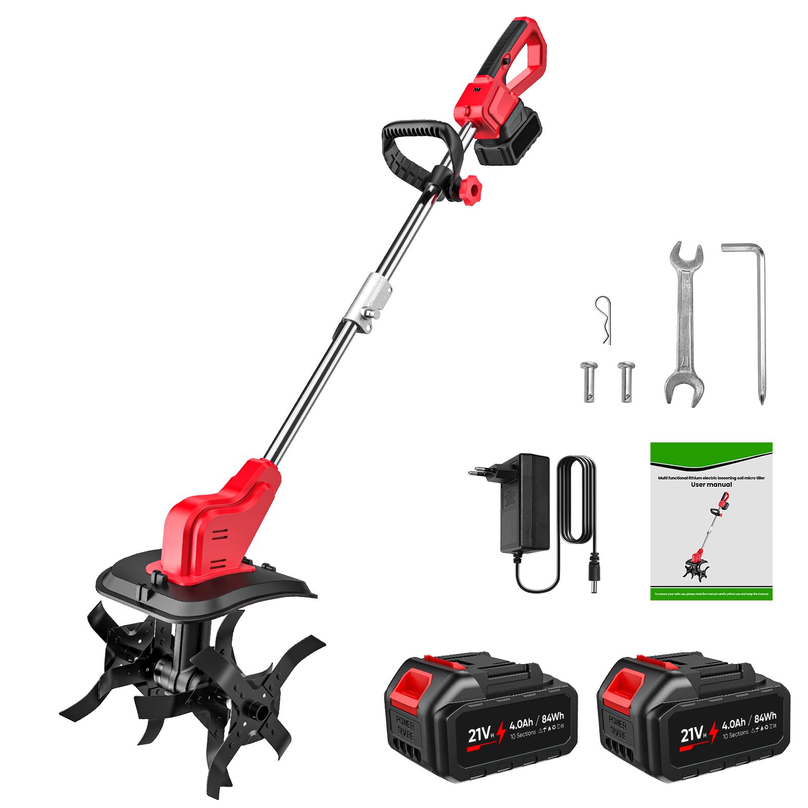 Motocultor inalámbrico 21V Motobloque de batería con 2 x 4,0 Ah Batería, motor sin escobillas, pantalla LED, ancho de trabajo 30 cm, profundidad de trabajo 36 cm, motocultor eléctrico (2x4.0Ah)