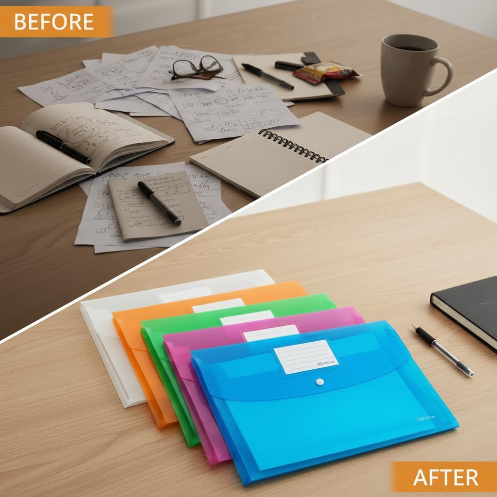 20 Pack Plastic Envelopes with Snap Closure,Poly Expandable File Folder with Label Pocket,Clear Folders Documents,A4 Letter Size(13"×9.5") for Office School Home Work,Assorted Colors