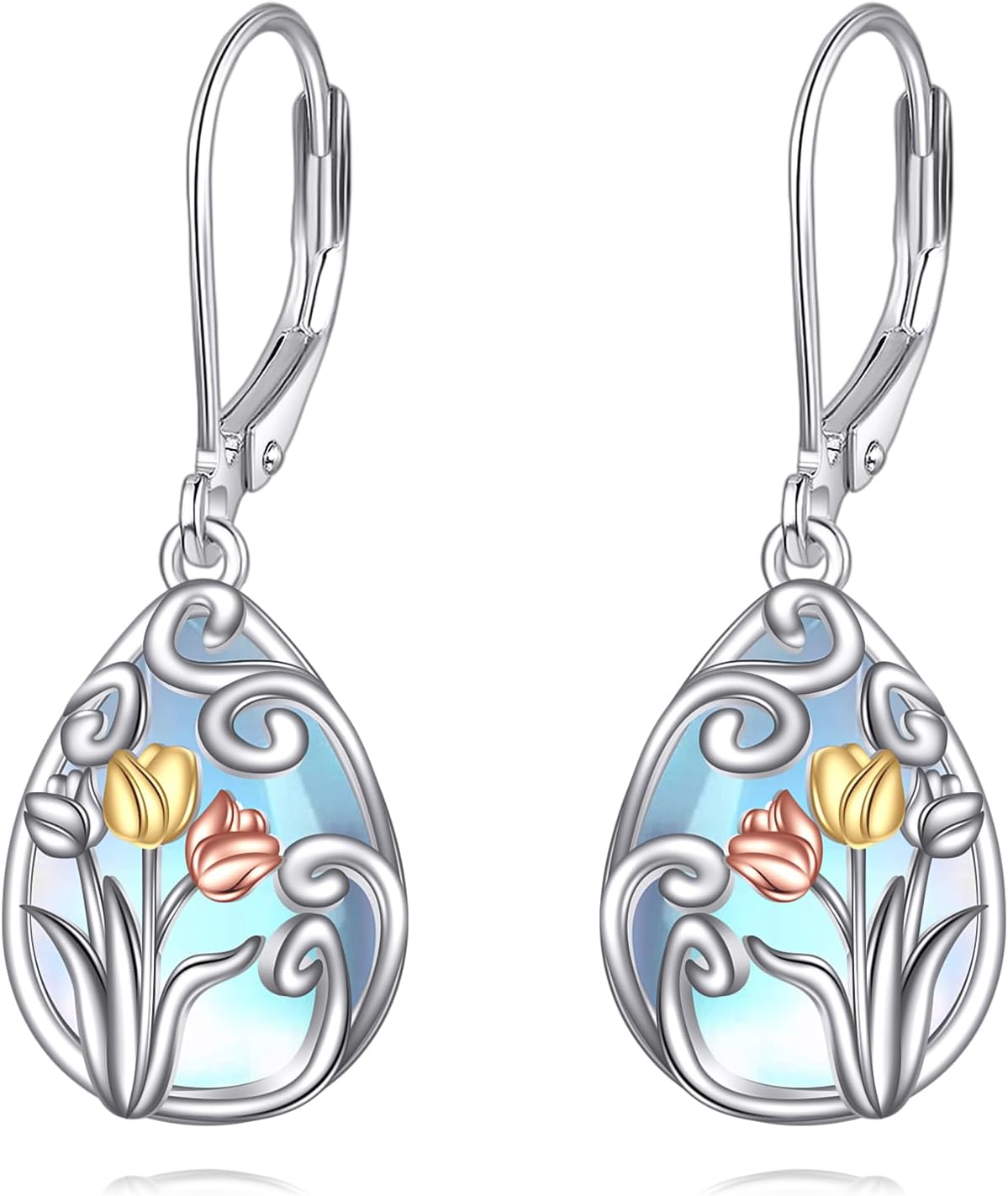 Tulip/Lavender/Forget-Me-Not/Tree of Life Moonstone Earrings 925 Sterling Silver Teardrop Dangle Hypoallergenic Leverback Earring for Women Mother Friends