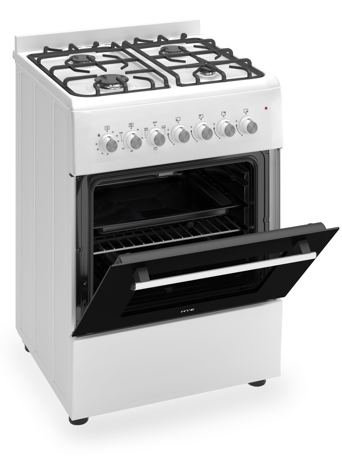 HYE Cooker - Gas Cooker With 4 Gas Burners, 62L Electric Oven, 60cm Width, Modern Freestanding Design, White, Ideal For Family Homes - C01FS60G17W — view 6