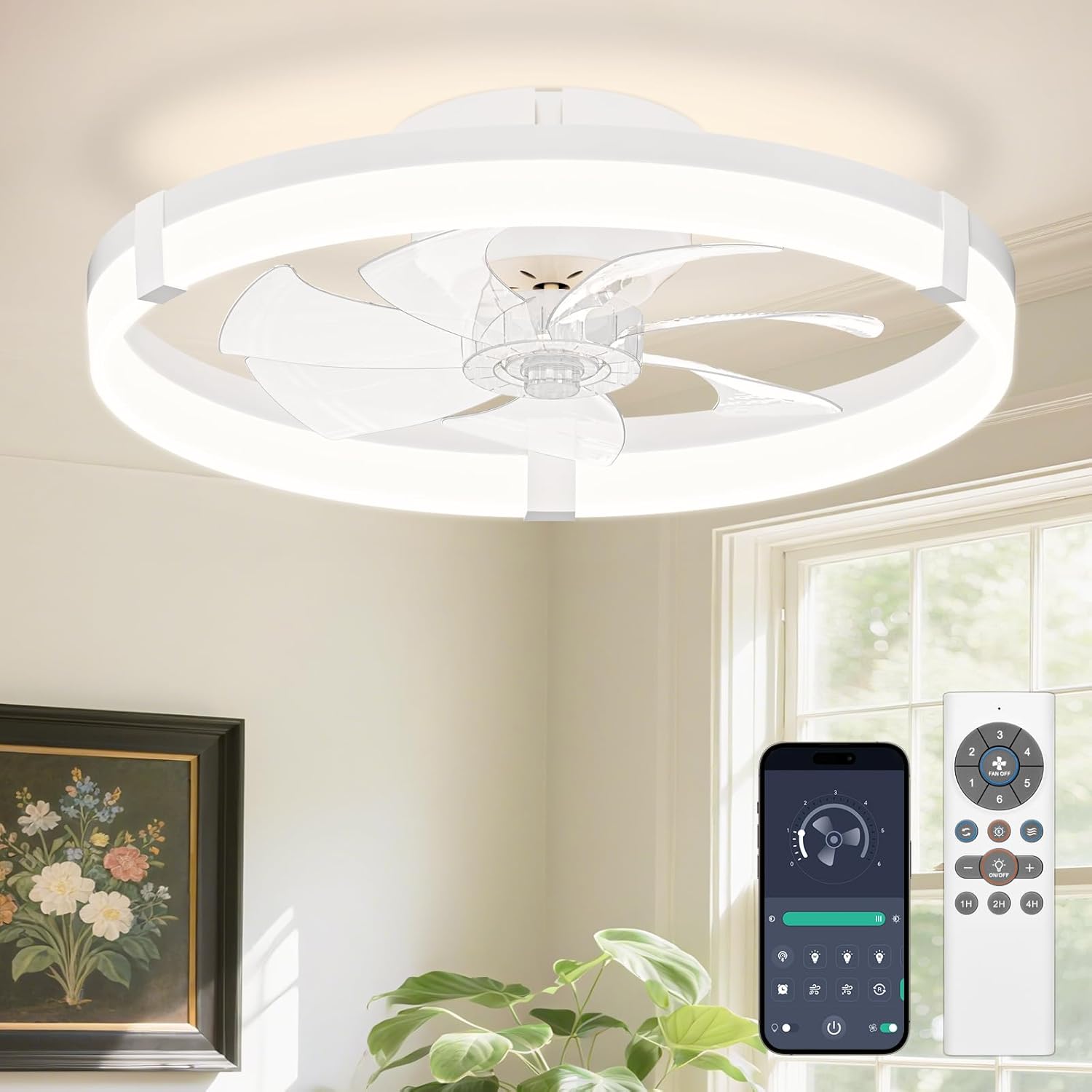 VOLISUN Low Profile Ceiling Fans with Lights and Remote, 19.7in Flush Mount Ceiling Fans with Light, 3000K-6500K Dimmable Fandelier Ceiling Fan, Bladeless Ceiling Fan for Bedroom(White) Y106-WH 19.7 INCH