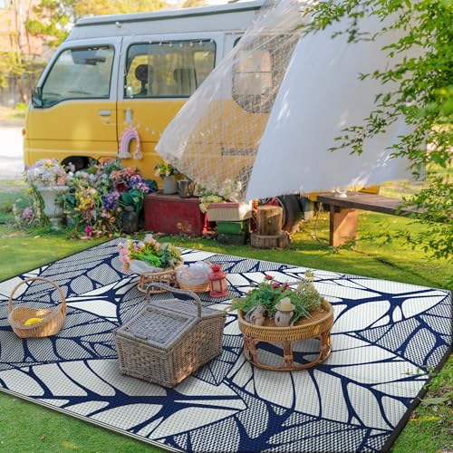 Image of GENIMO Outdoor Rug, Waterproof Plastic Rugs for Patio, 6'x9' Azure White | Outside Larger Leaf Carpet Mat for Porch Decor, Deck, Balcony, Camping, RV, Backyard, Picnic, Beach, Reversible, Foldable