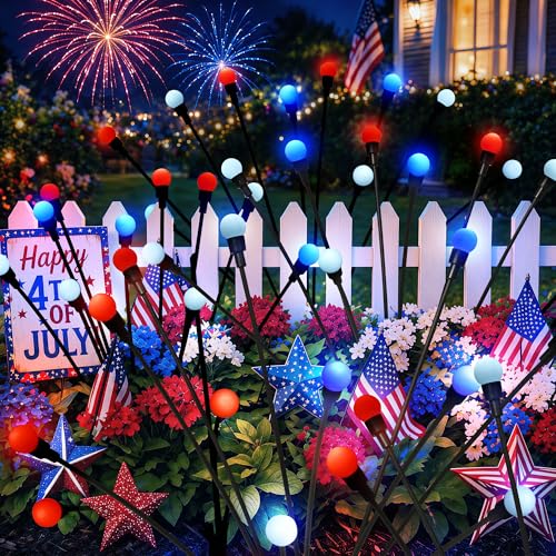 Image of 4th of July Outdoor Decorations, Red White Blue Lights Solar Firefly Lights, Patriotic Outdoor Decor for Independence Day, Fourth of July Decor for Garden Yard (4 Pack,Red, White, Blue)
