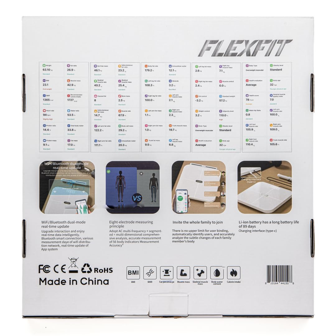 FlexFit Báscula para peso corporal y porcentaje de grasa, 8 electrodos, báscula digital de alta precisión, medición precisa de 56 indicadores corporales, báscula inteligente para baño