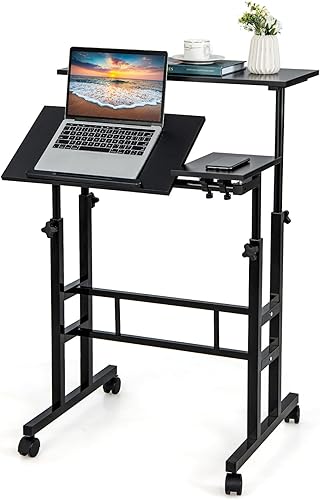 Giantex Escritorio móvil de pie ajustable, carrito de pie con ruedas para laptop, escritorio de pie con 2 escritorios inclinables, estación de