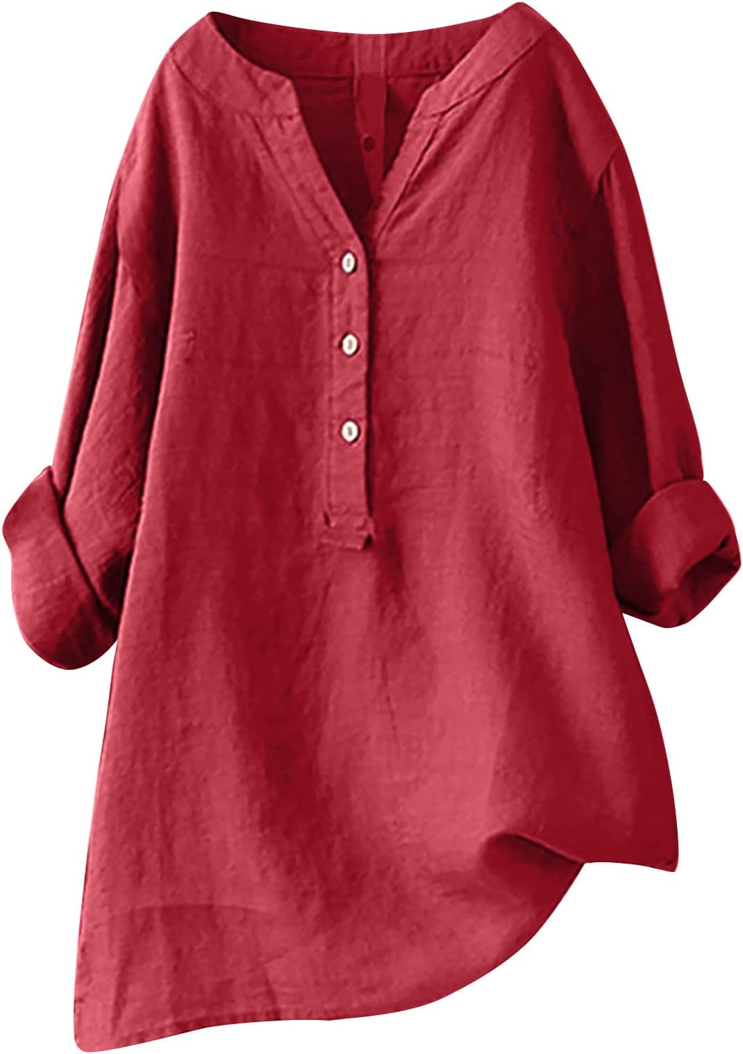 GenericWomen Long Sleeve Cotton Linen Shirts 2024 Casual Solid Color V-Neck Button Down Shirts Trendy Oversized Spring Tops