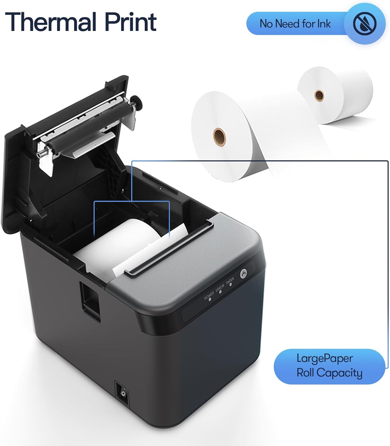 BISOFICE 80mm Receipt Printer with its cover open, showing the thermal paper roll compartment. Emphasizes no ink needed and large paper roll capacity.