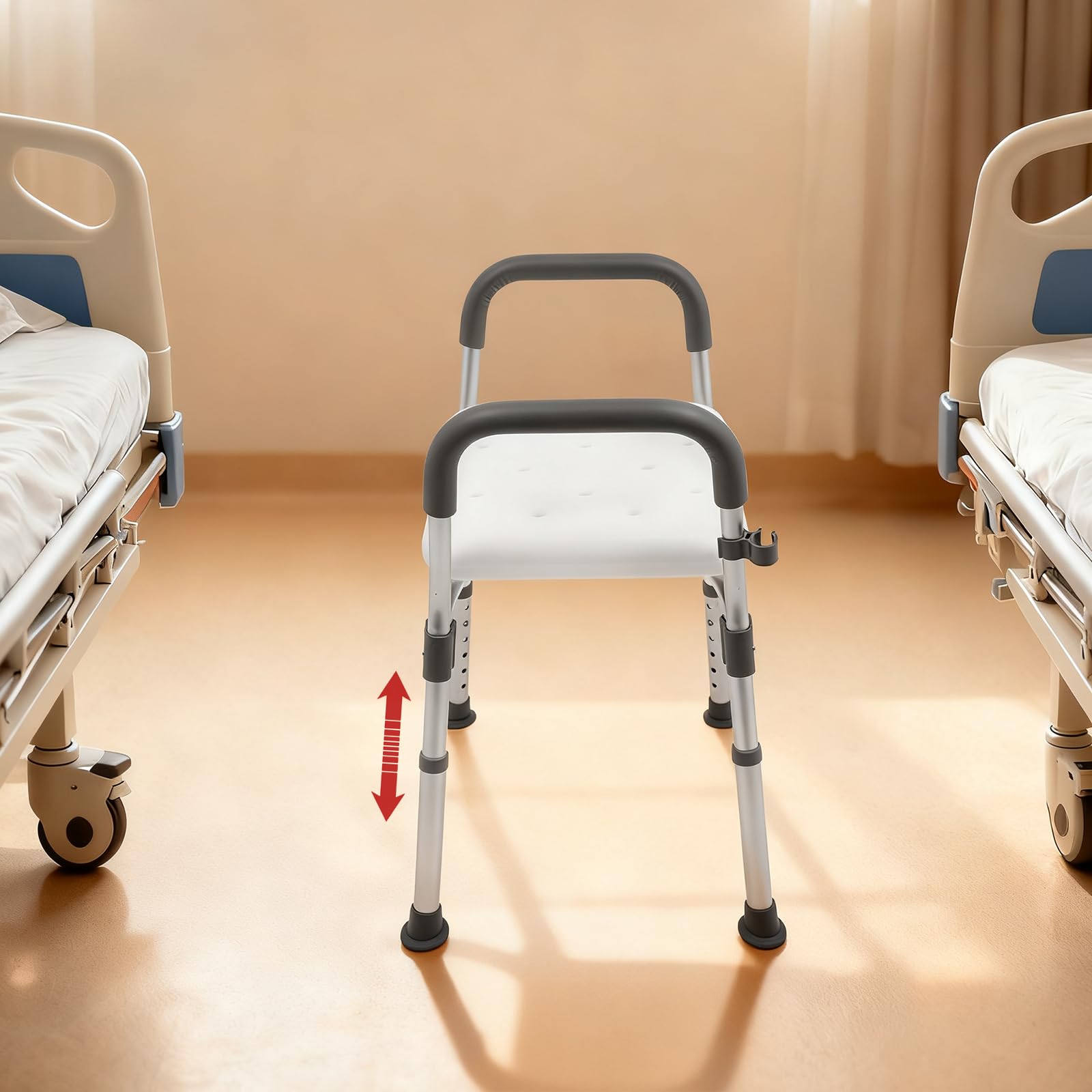 Taboret prysznicowy z regulacją wysokości, krzesło prysznicowe dla seniorów z podłokietnikami, pomoc pod prysznic dla osób niepełnosprawnych i ciężarnych, obciążenie do 150 kg