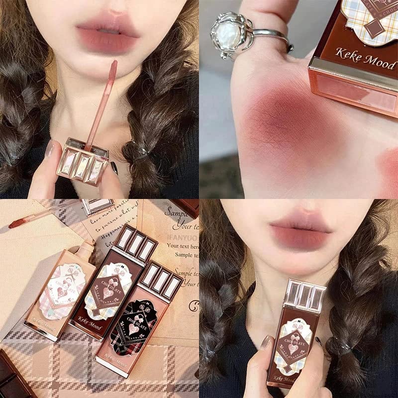 Miniatura 4 de 2 lápices labiales de chocolate, esmalte de labios líquido mate, lindo lápiz labial impermeable a prueba de manchas, terciopelo mate, permanece en
