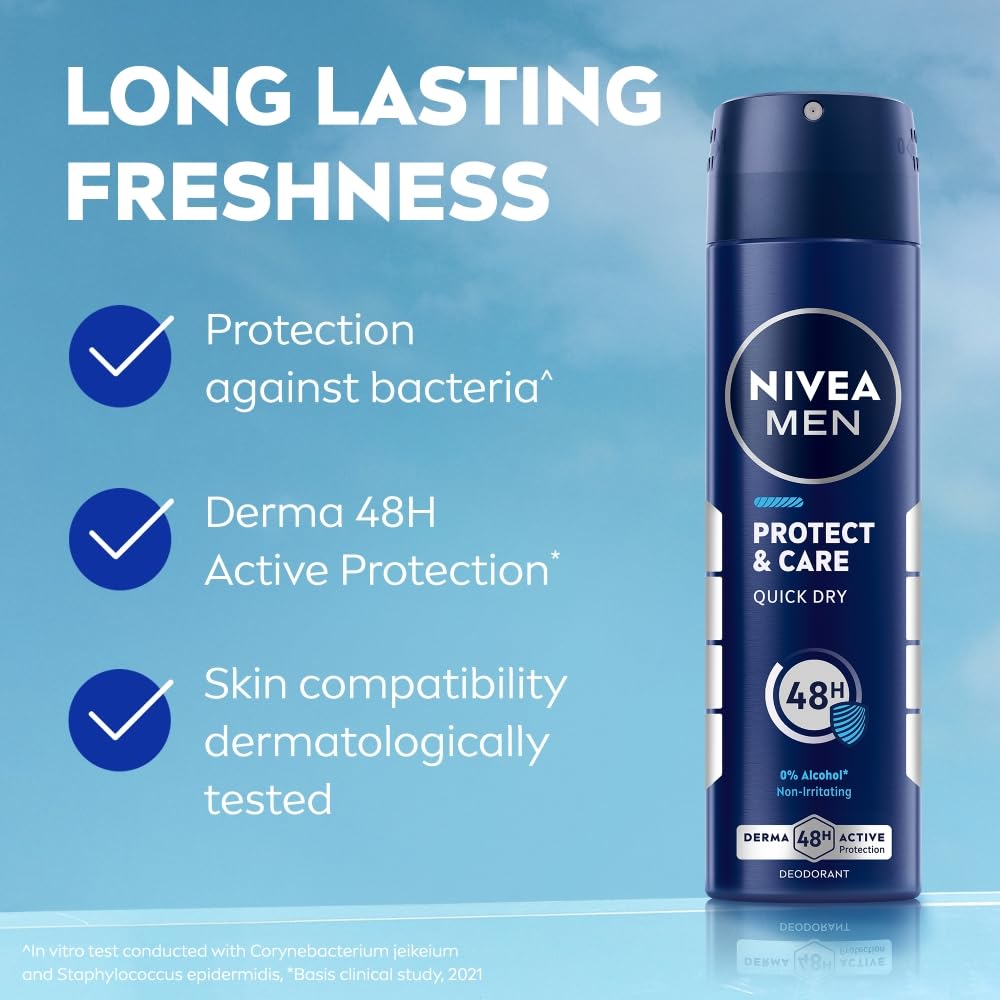 NIVEA Protect & Care Deodorant Spray 150ml – 48h Odour & Sweat Protection with Caring NIVEA Creme Formula, Quick-Drying Gentle Moisturising Body Spray for Soft Skin, for Men & Women