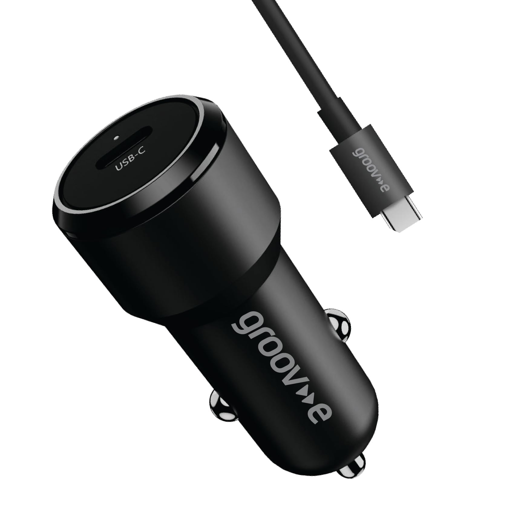 Groov-e USB-C In-Car Charger 30W with USB-C Cable Included - Fast-Charge Power Delivery Car Adaptor for 12V and 24V Sockets - Black